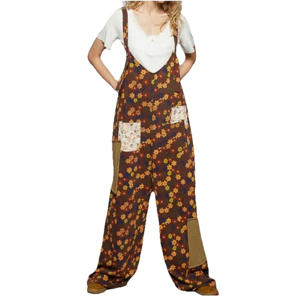 POL Floral Print Jumpsuit in Choco Multi Boho Patchwork Retro Oversized Women M